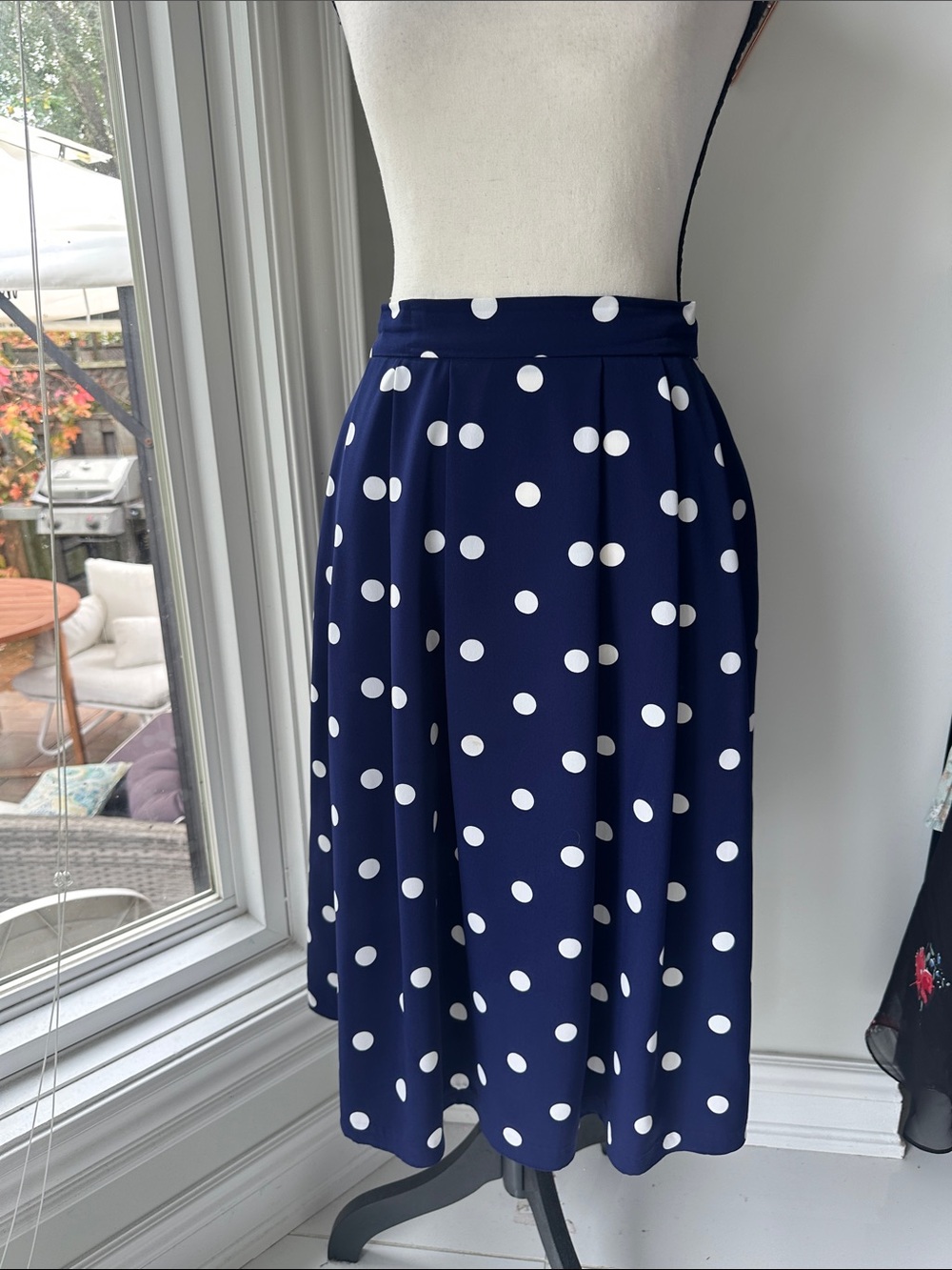 VINTAGE 90s Y2K Navy Blue White Pleated Polka Dot Midi Skirt Classic Size XL